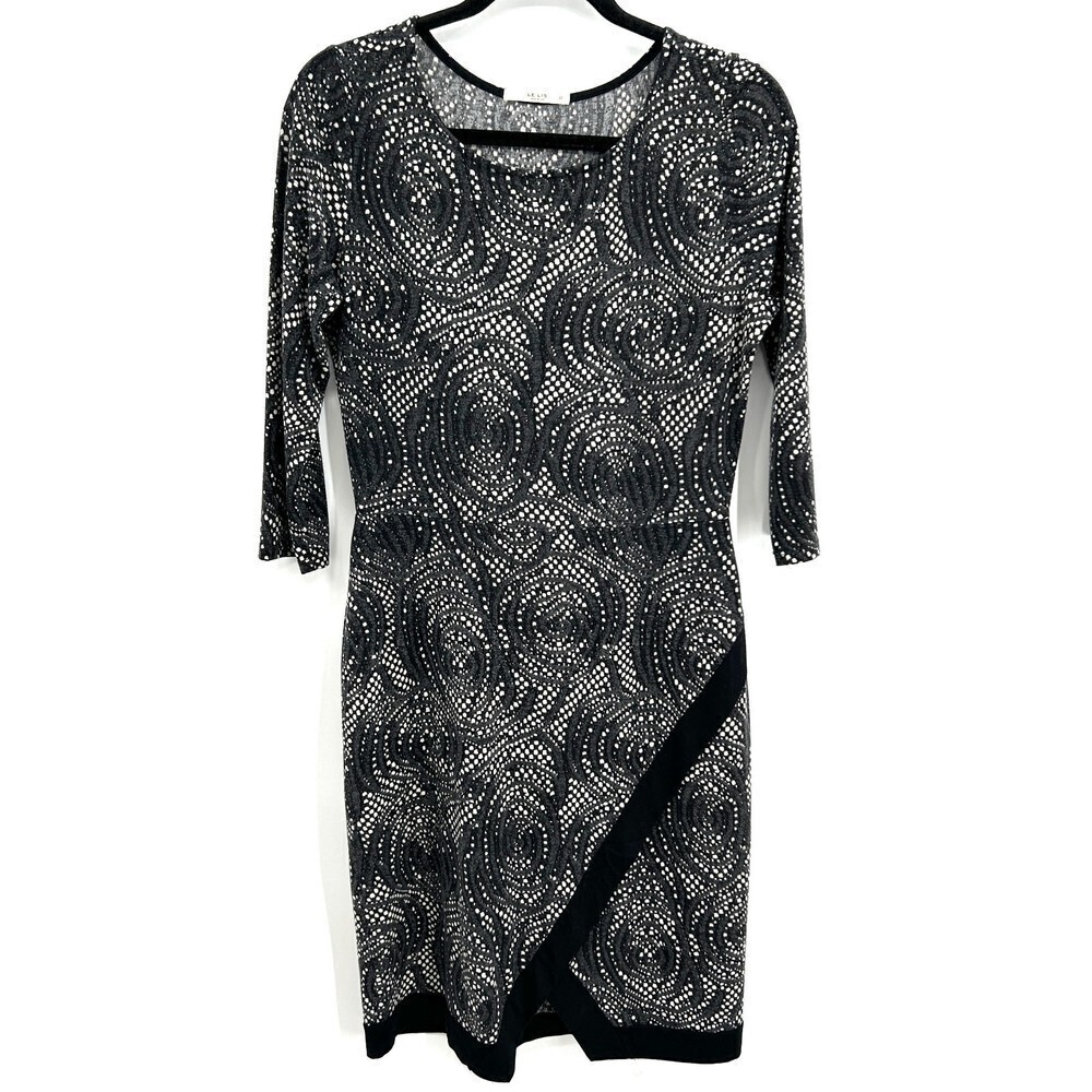 LE LIS Black White Design 3/4 Sleeve Stretch Knee Length Dress Size Medium